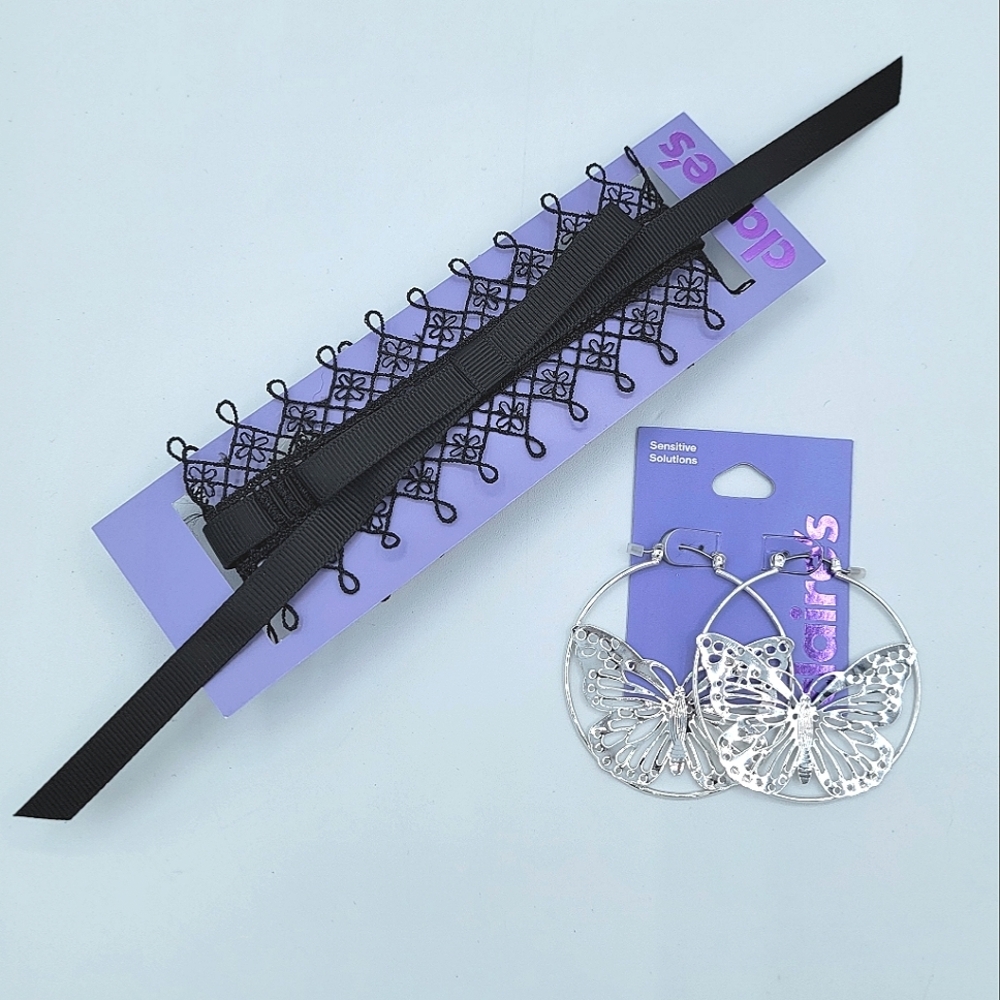 Claire's Black Choker & Silver Butterfly Earrings Set NEW #0016